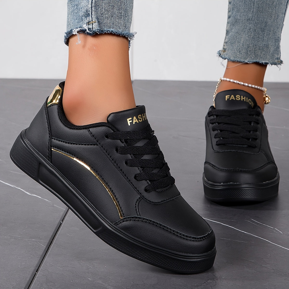 Women'S Stylish White Sneakers with Golden Accents - Casual Lace-Up Athletic Shoes for Outdoor Activities, Casual Wear, and Skateboarding, Casual Athletic Shoes | Trendy Casual Shoes | Durable Athletic Footwear